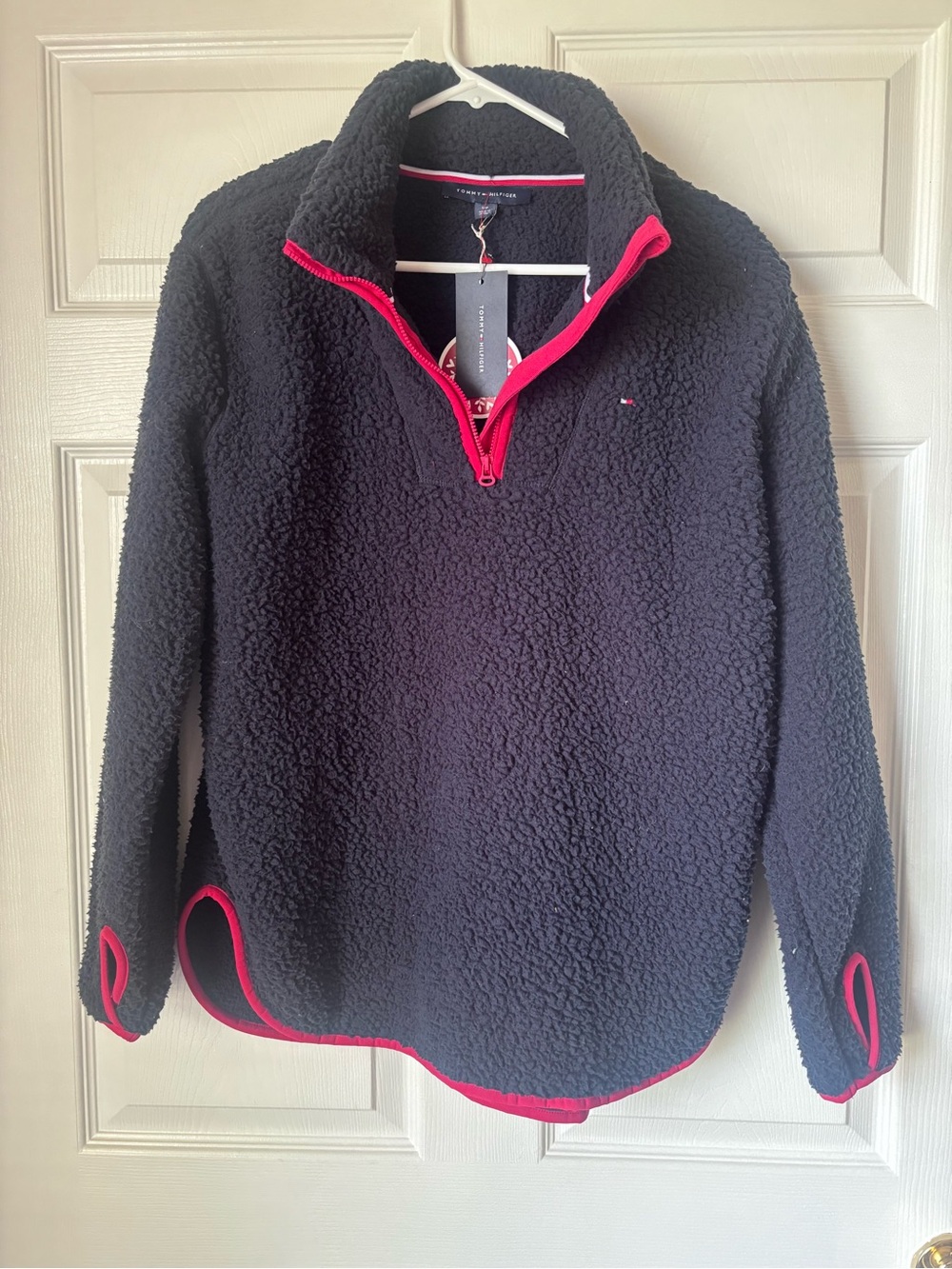 Tommy Hilfiger Women's Black Sherpa Quarter-Zip Pullover with Red Trim NWT